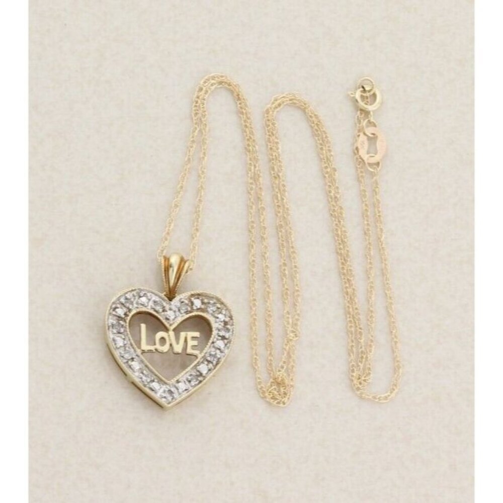 10K Yellow Gold Diamond Love Heart Heart Necklace 18" Chain